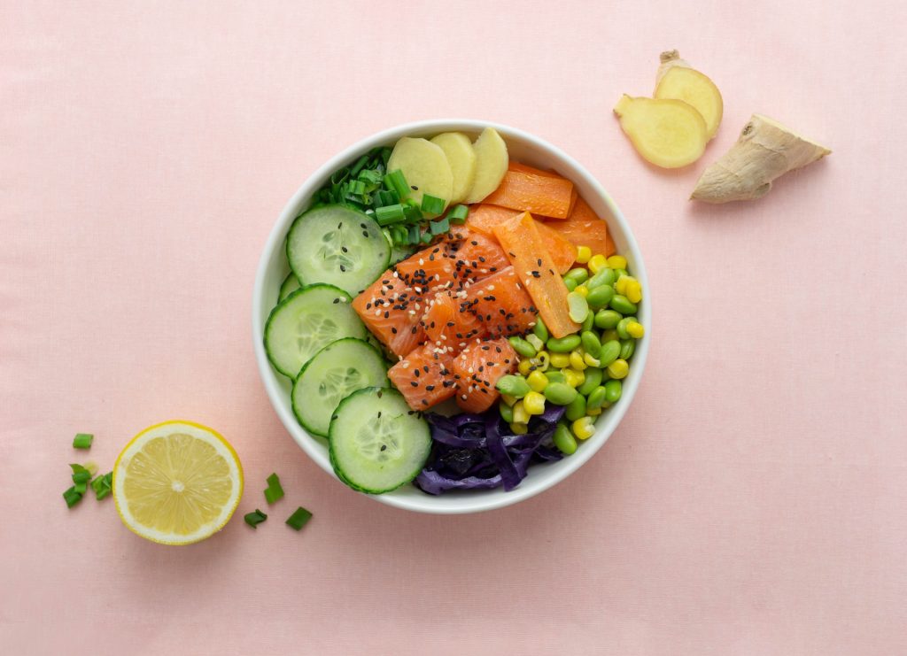 Poke bowl served in sustainable bowl