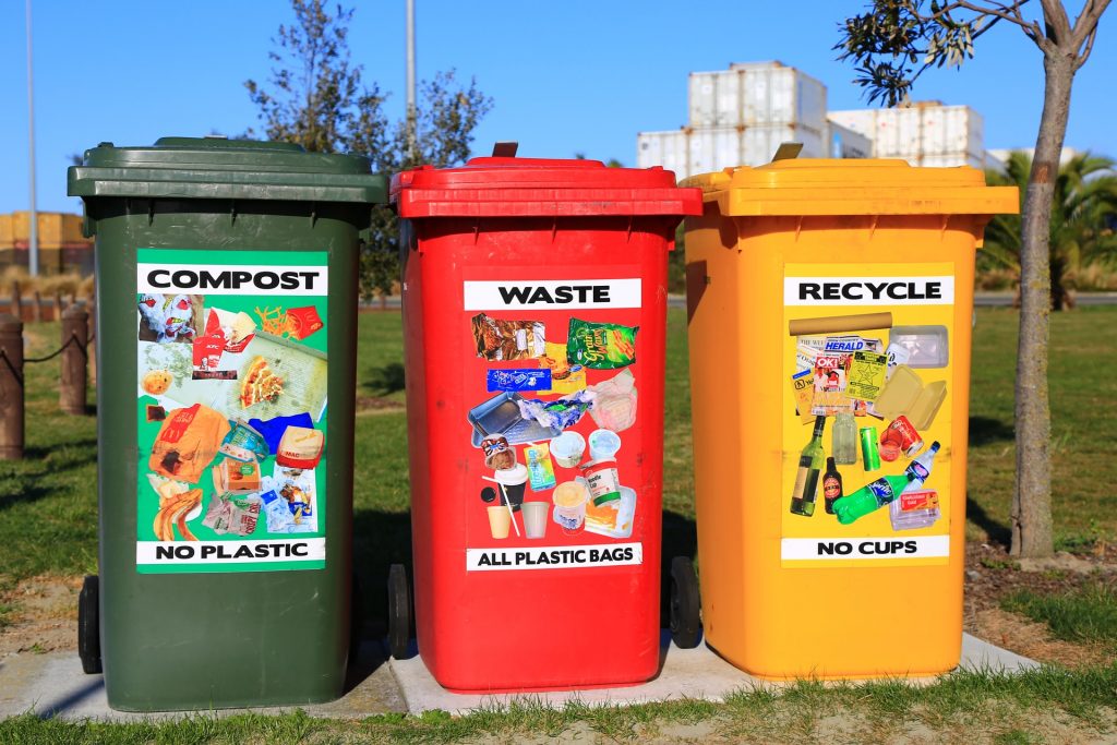 Image of compost, waste and recycling bins